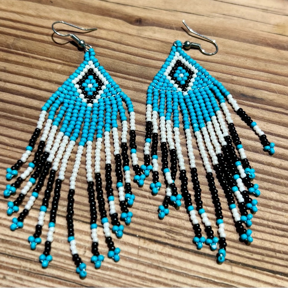 Blue and Black Beaded Earrings with Fringe Design